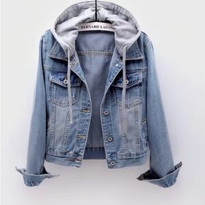 Bernard Lafond Light Blue Denim Jacket with Gray Hood